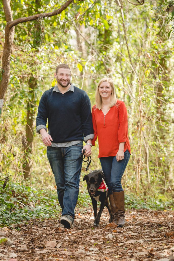 Engagement session couple with their dog at the Chesapeake Arboretum