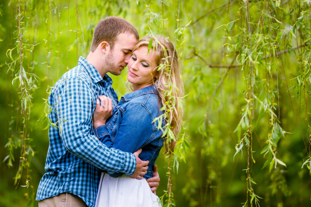 Engaged couple under a weeping willow tree