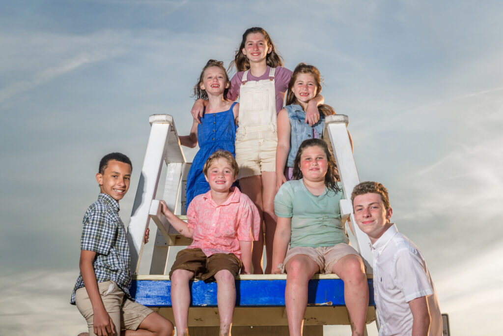 Family portrait of the cousin children at Little Island Park in Sandbridge