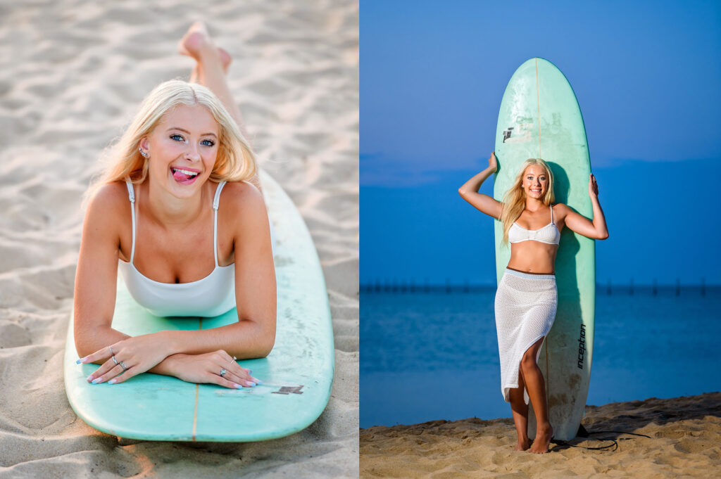 Cute senior portrait girl on the beach with her surfboard