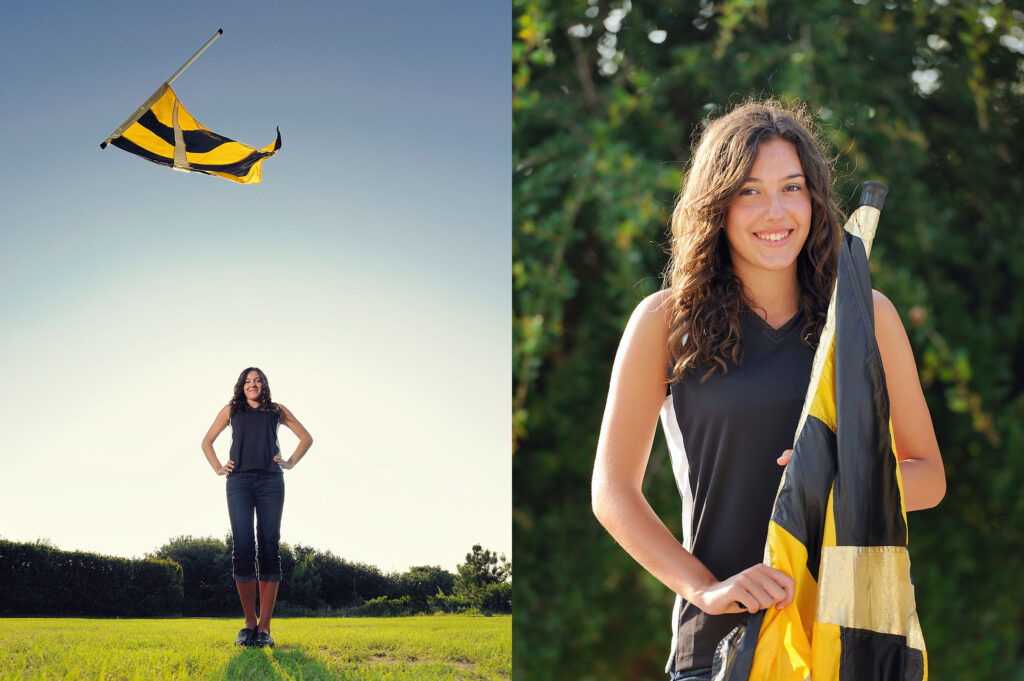 Senior portrait of a girl with her flag corps activities