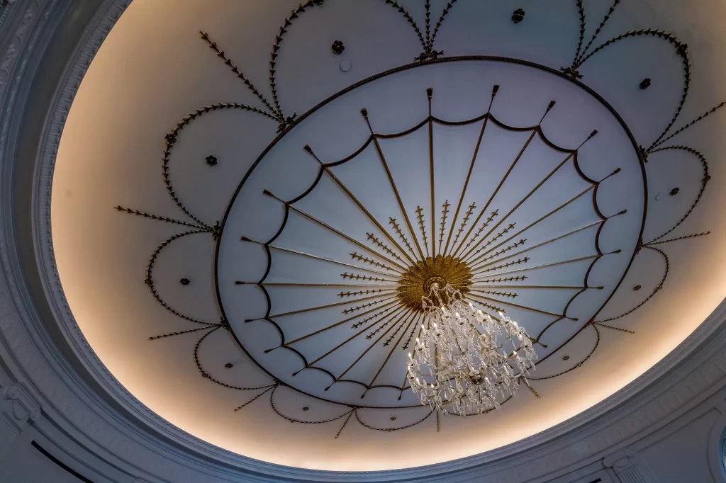 Abstract view of the chandelier in the foyer of the Cavalier Hotel