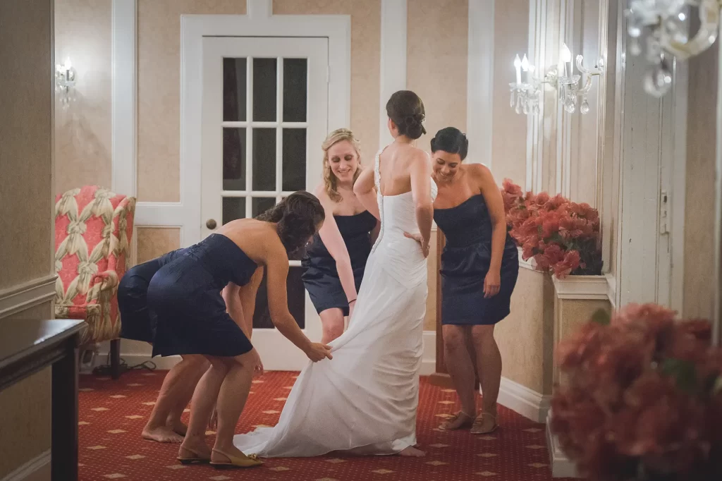 Bride getting ready with her bridesmaids