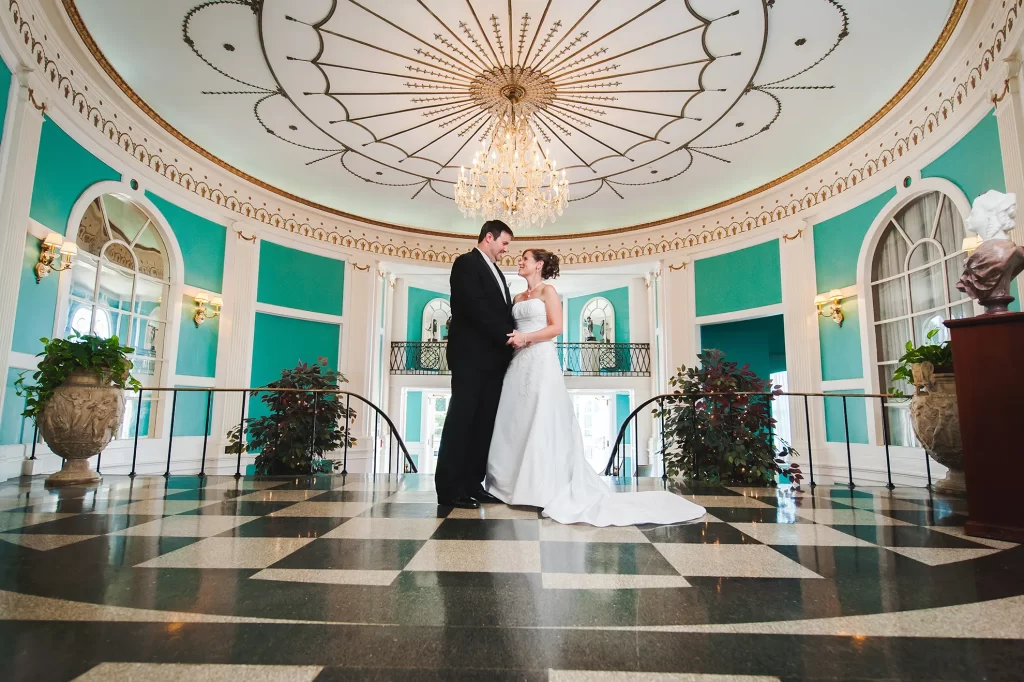 Bride and Groom in the foyer of the Cavalier Hotel