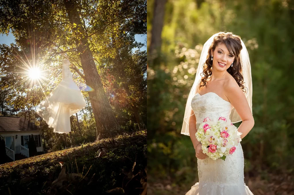 Beautiful bride with sunlight backlighting collage
