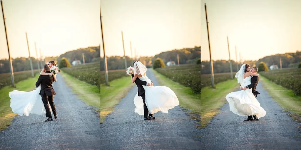 Bride and Groom embracing on a country road collage