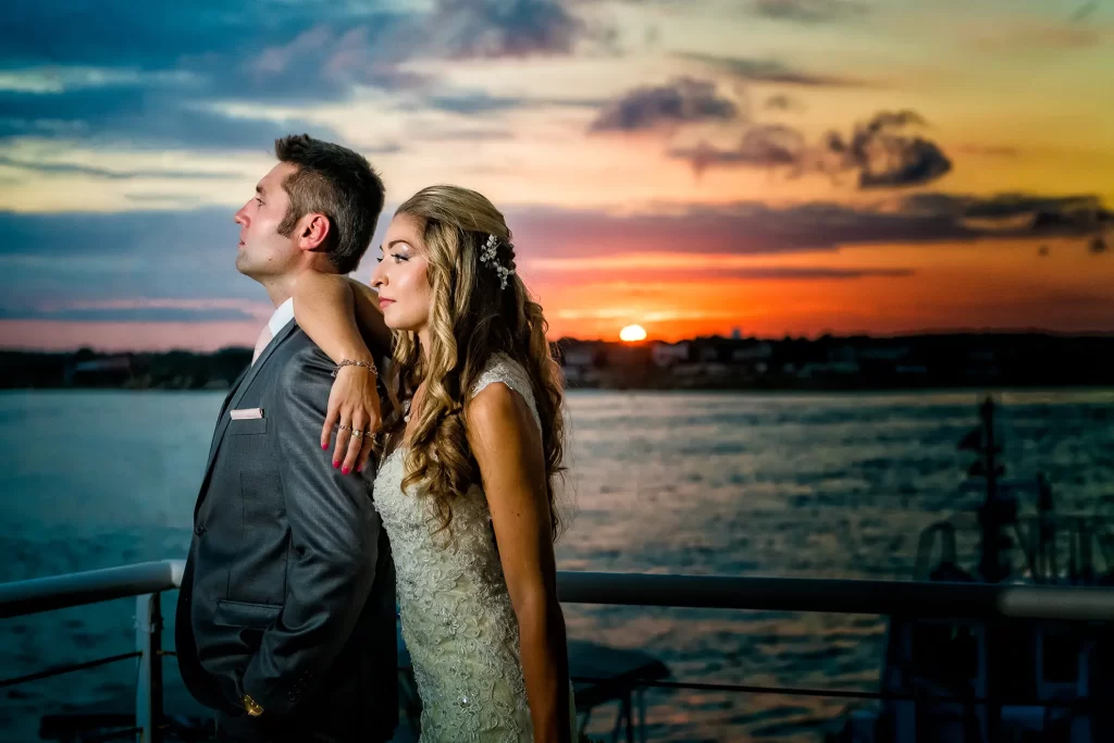 Gorgeous Bride and Handsome Groom with beautiful sunset at the Lesner Inn