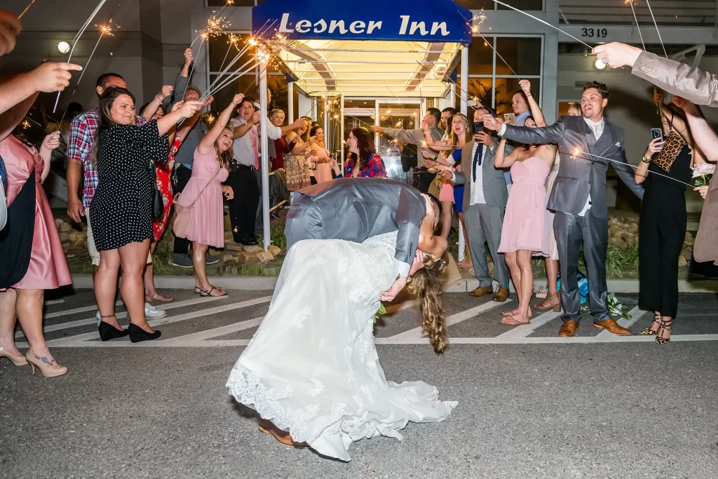 Bride and Groom dipping in front of the Lesner Inn