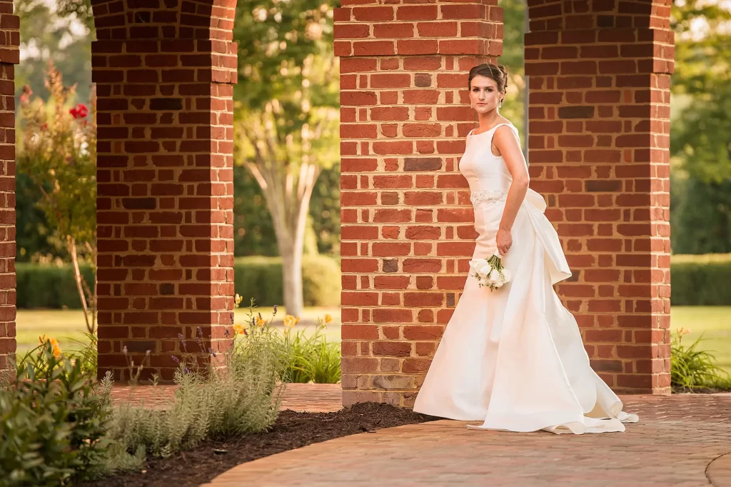 beautiful bride on brick walkway
