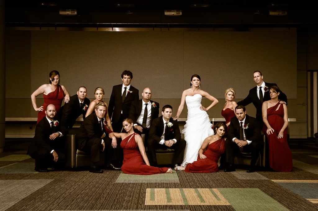 bride and groom with wedding party