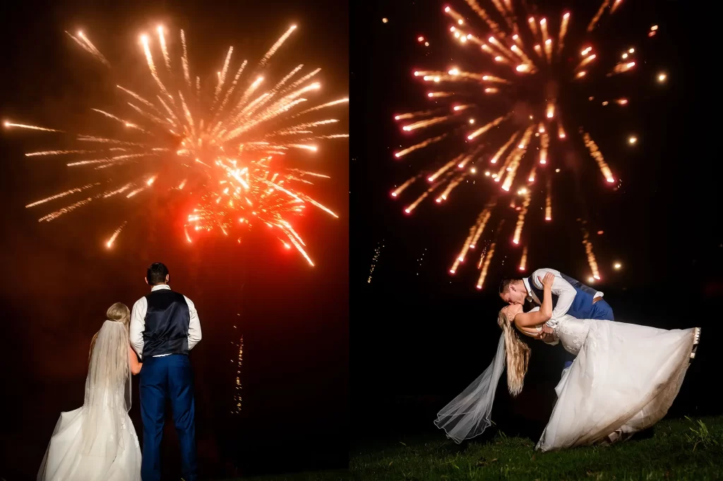 wedding bride and groom kissing with fireworks