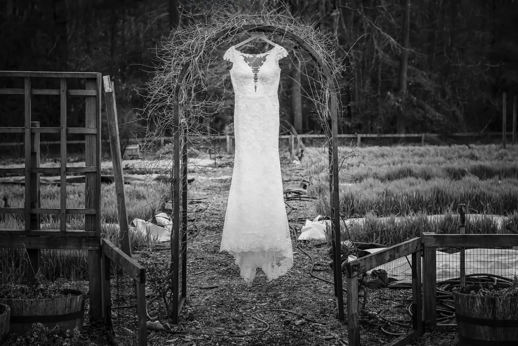 westminster wedding dress hanging in the garden